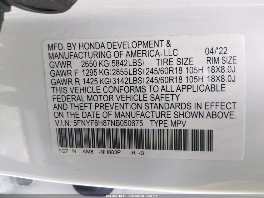 2022 Honda Pilot VIN 5FNYF6H87NB050675 IAAI salvage auction — RIGHT SIDE, Other, sold $12,500 on 2026-08-24 (photo 9)