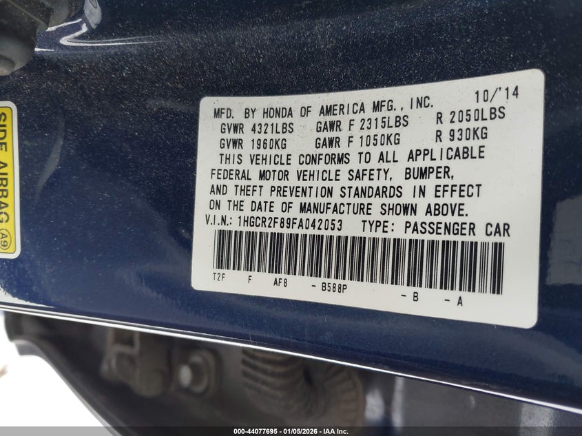 2015 Honda Accord VIN 1HGCR2F89FA042053 IAAI salvage auction — Front End, Clear (Wisconsin), sold $1,750 on 2026-01-27 (photo 9)