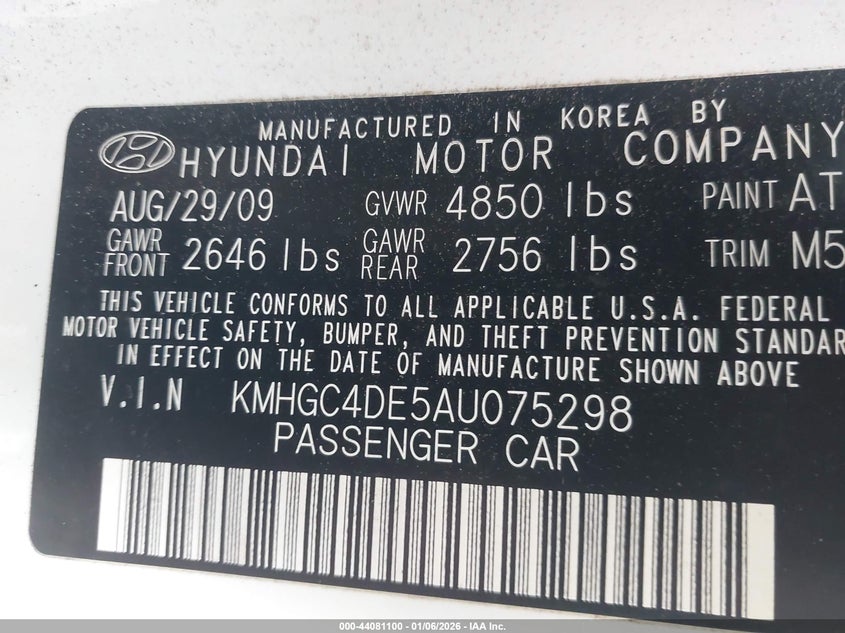 2010 Hyundai Genesis VIN KMHGC4DE5AU075298 IAAI salvage auction — FRONT END, Salvage (Georgia), sold $500 on 2026-07-08 (photo 9)