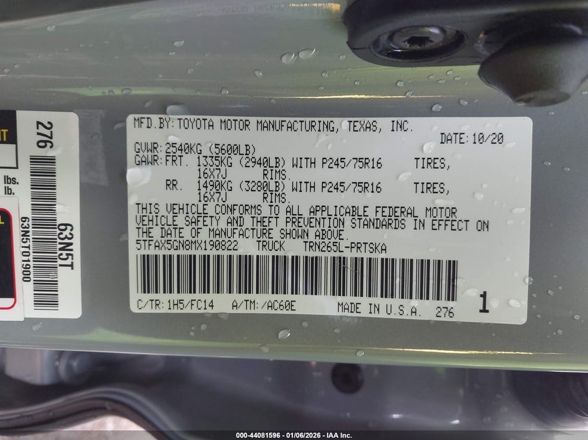 2021 Toyota Tacoma VIN 5TFAX5GN8MX190822 IAAI salvage auction — LEFT FRONT, Other, sold $10,600 on 2026-07-21 (photo 9)