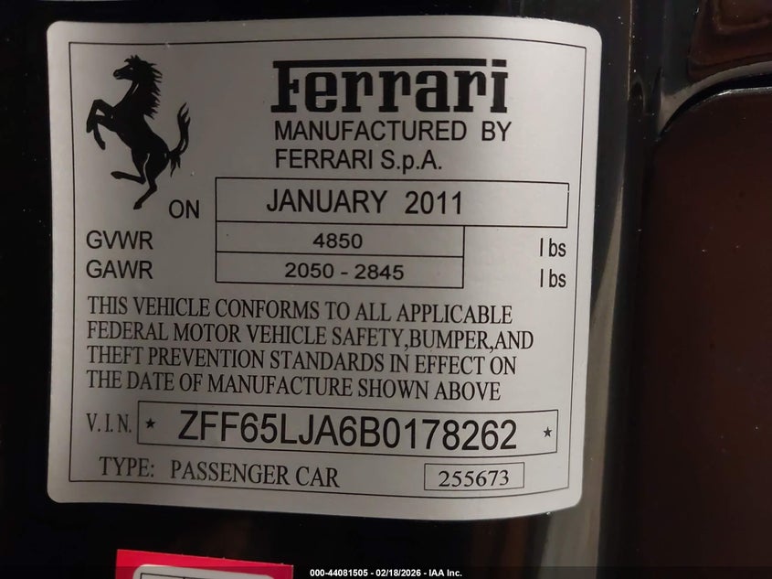 2011 Ferrari California VIN ZFF65LJA6B0178262 IAAI salvage auction — FRONT END, Salvage (Idaho), sold $43,900 on 2026-09-01 (photo 9)
