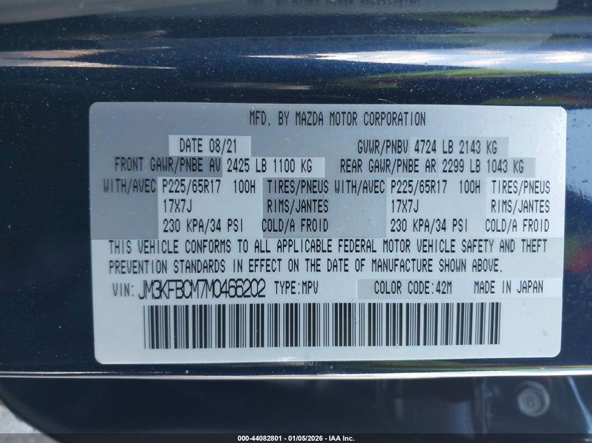 2021 Mazda Cx-5 VIN JM3KFBCM7M0466202 IAAI salvage auction — RIGHT SIDE, Certificate Of Destruction (Florida), sold $5,450 on 2026-07-09 (photo 9)