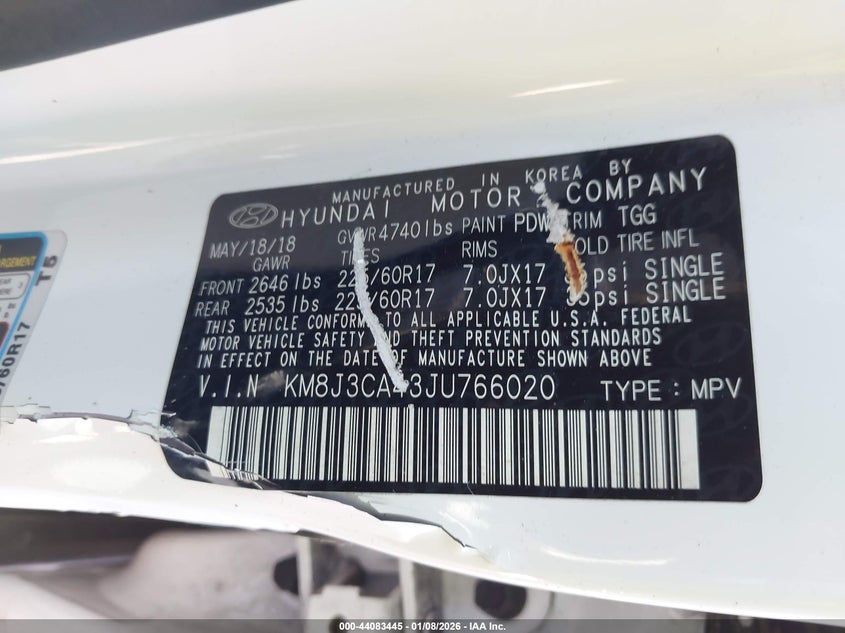 2018 Hyundai Tucson VIN KM8J3CA43JU766020 IAAI salvage auction — FRONT END, Rebuildable (Florida), sold $25 on 2026-07-21 (photo 9)
