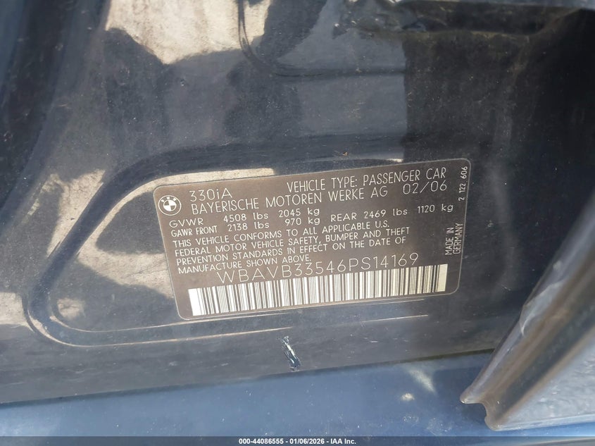 2006 BMW 3er VIN WBAVB33546PS14169 IAAI salvage auction — SIDE, Bill Of Sale (Texas), sold $25 on 2026-07-28 (photo 9)