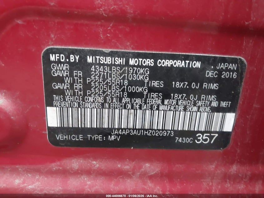 2017 Mitsubishi Outlander VIN JA4AP3AU1HZ020973 IAAI salvage auction — LEFT REAR, Salvage (Indiana), sold $1,400 on 2026-07-22 (photo 9)