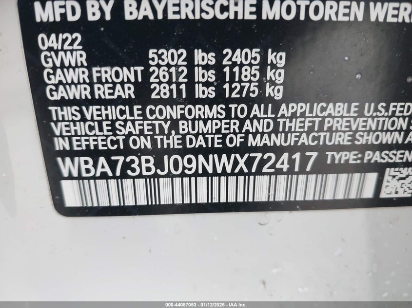 2022 BMW 5er VIN WBA73BJ09NWX72417 IAAI salvage auction — FRONT END, Salvage Title, sold $16,100 on 2026-08-18 (photo 9)