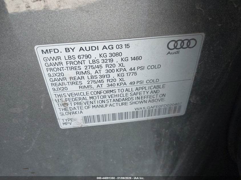 2015 Audi Q7 VIN WA1LGAFE0FD020407 IAAI salvage auction — LEFT SIDE, Clear (Oklahoma), sold $775 on 2026-07-22 (photo 9)