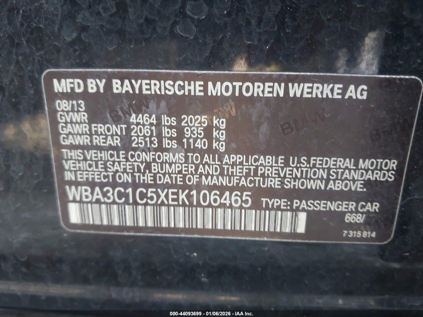 2014 BMW 3er VIN WBA3C1C5XEK106465 IAAI salvage auction — REAR END, Salvage (Mississippi), sold $1,200 on 2026-08-07 (photo 9)