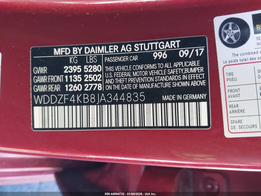 2018 Mercedes-benz E-klasse VIN WDDZF4KB8JA344835 IAAI salvage auction — FRONT END, Salvage Title, sold $7,950 on 2026-07-14 (photo 9)
