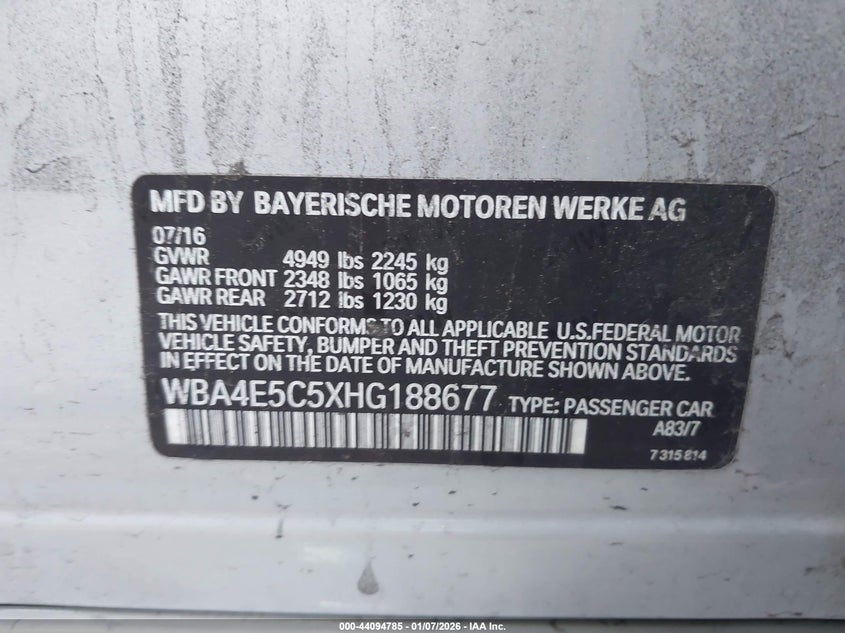 2017 BMW 4er VIN WBA4E5C5XHG188677 IAAI salvage auction — FRONT END, Salvage Title, sold $5,025 on 2026-07-13 (photo 9)