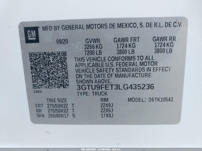 2020 Gmc Sierra 1500 VIN 3GTU9FET3LG435236 IAAI salvage auction — FRONT END, Other, sold $6,200 on 2026-07-21 (photo 9)