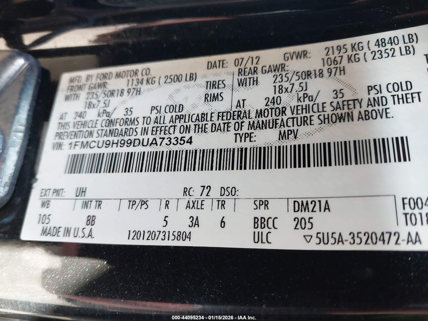 2013 Ford Escape VIN 1FMCU9H99DUA73354 IAAI salvage auction — REAR END, Salvage (Oregon), sold $1,250 on 2026-07-09 (photo 9)