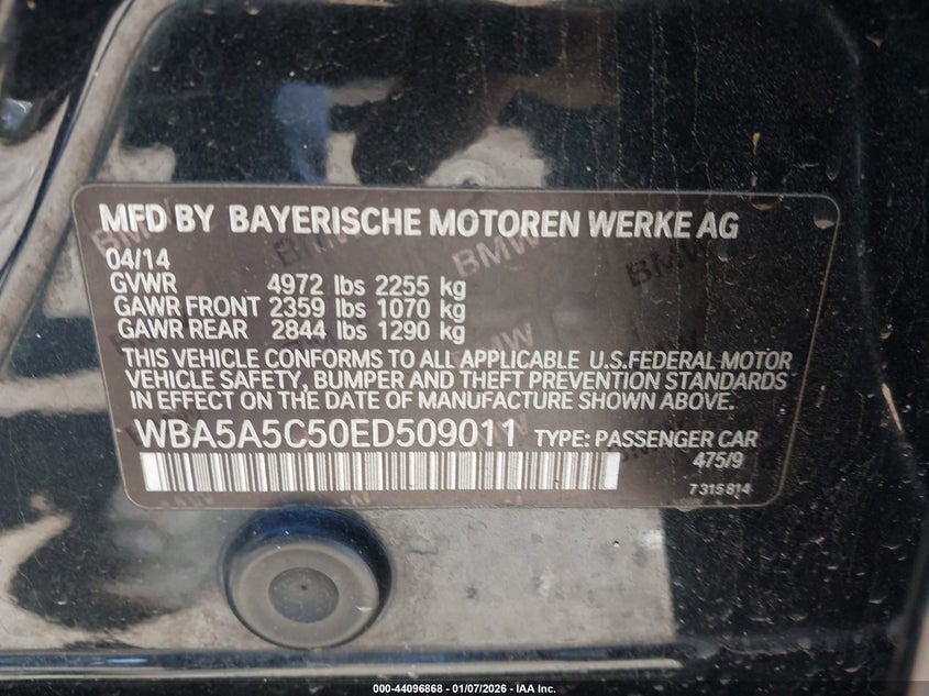 2014 BMW 5 series VIN WBA5A5C50ED509011 IAAI salvage auction — LEFT SIDE, Other, sold $700 on 2026-07-29 (photo 9)