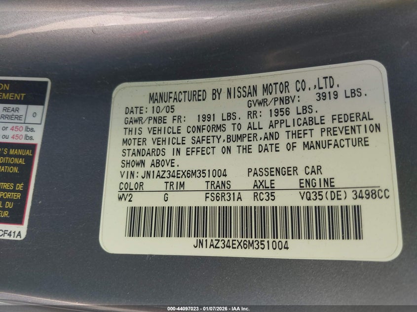 2006 Nissan 350z VIN JN1AZ34EX6M351004 IAAI salvage auction — FRONT END, Salvage (California), sold $875 on 2026-07-17 (photo 9)
