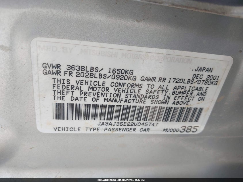 2002 Mitsubishi Lancer VIN JA3AJ36E22U045747 IAAI salvage auction — RIGHT FRONT, Salvage (California), sold $175 on 2026-07-29 (photo 9)