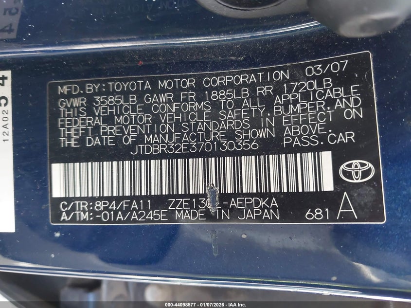 2007 Toyota Corolla VIN JTDBR32E370130356 IAAI salvage auction — FRONT END, Salvage (New Jersey), sold $600 on 2026-07-30 (photo 9)