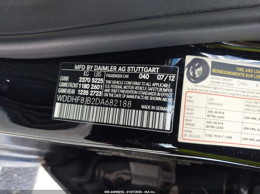 2013 Mercedes-benz E-class VIN WDDHF8JB2DA682188 IAAI salvage auction — LEFT FRONT, Other, sold $825 on 2026-07-16 (photo 9)