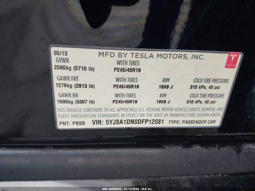2013 Tesla Model s VIN 5YJSA1DN0DFP12081 IAAI salvage auction — FRONT & REAR, Rebuildable (Florida), sold $2,000 on 2026-07-30 (photo 9)