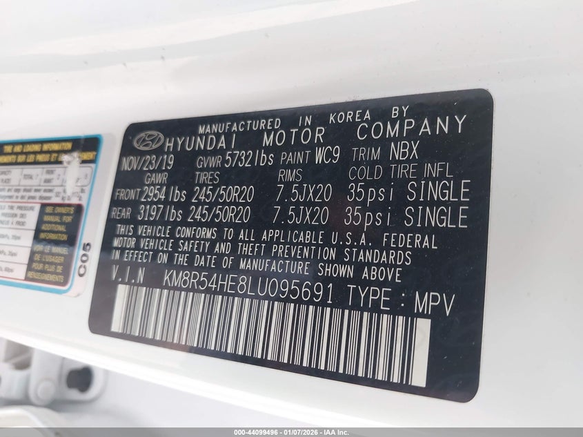 2020 Hyundai Palisade VIN KM8R54HE8LU095691 IAAI salvage auction — FRONT & REAR, Salvage (Texas), sold $2,600 on 2026-07-29 (photo 9)