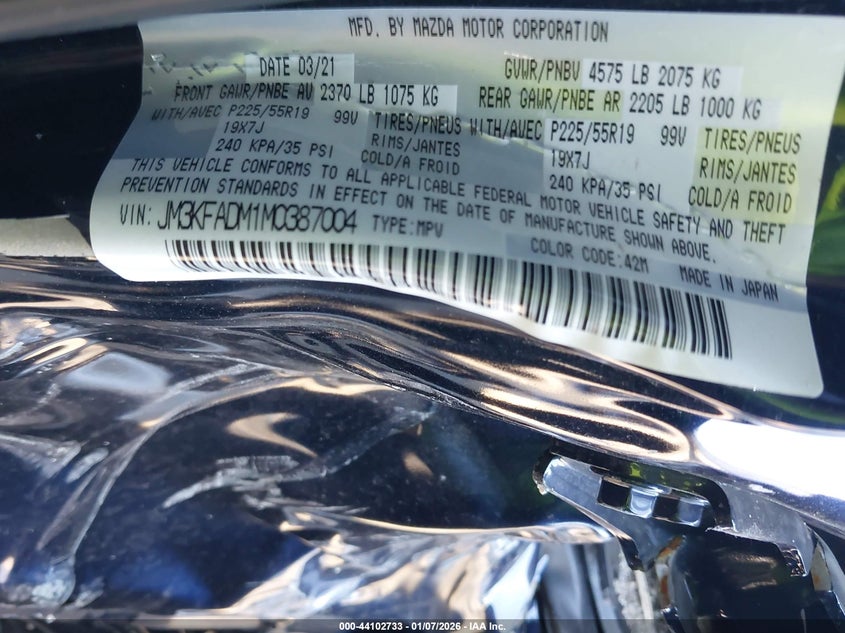 2021 Mazda Cx-5 VIN JM3KFADM1M0387004 IAAI salvage auction — SIDE, Salvage Title, sold $775 on 2026-07-23 (photo 9)