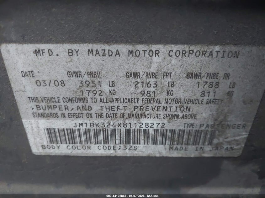 2008 Mazda 3 VIN JM1BK324X81128272 IAAI salvage auction — LEFT FRONT, Salvage (Utah), sold $350 on 2026-07-16 (photo 9)