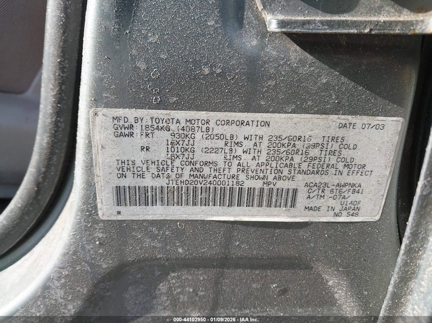 2004 Toyota Rav4 VIN JTEHD20V240001182 IAAI salvage auction — FRONT END, Salvage (Connecticut), sold $25 on 2026-07-10 (photo 9)
