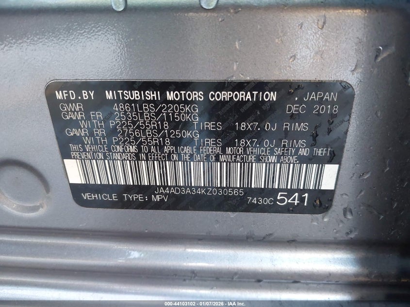 2019 Mitsubishi Outlander VIN JA4AD3A34KZ030565 IAAI salvage auction — FRONT END, Other, sold $3,700 on 2026-09-04 (photo 9)