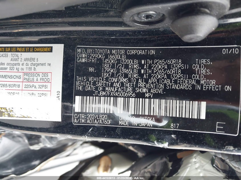 2010 Lexus Gx VIN JTJBM7FX9A5006956 IAAI salvage auction — LEFT SIDE, Salvage Non-Reb (South Carolina), sold $4,950 on 2026-07-08 (photo 9)