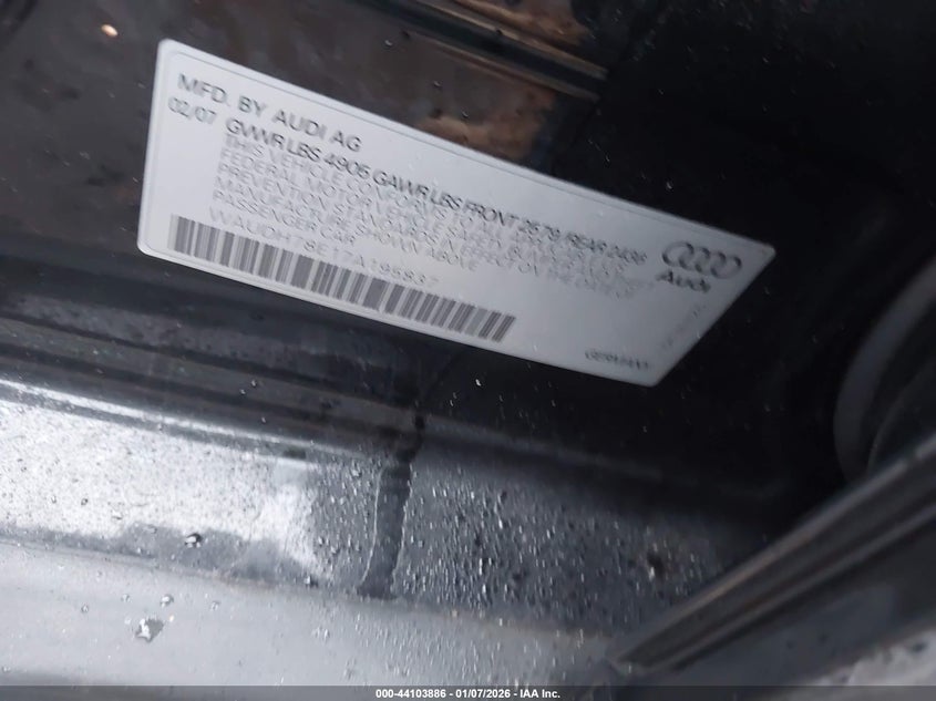 2007 Audi A4 VIN WAUDH78E17A195837 IAAI salvage auction — UNKNOWN, Bill Of Sale (New York), sold $425 on 2026-07-07 (photo 9)