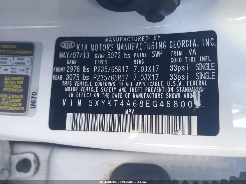 2014 Kia Sorento VIN 5XYKT4A68EG468005 IAAI salvage auction — SIDE, Clear (Virginia), sold $375 on 2026-07-24 (photo 9)