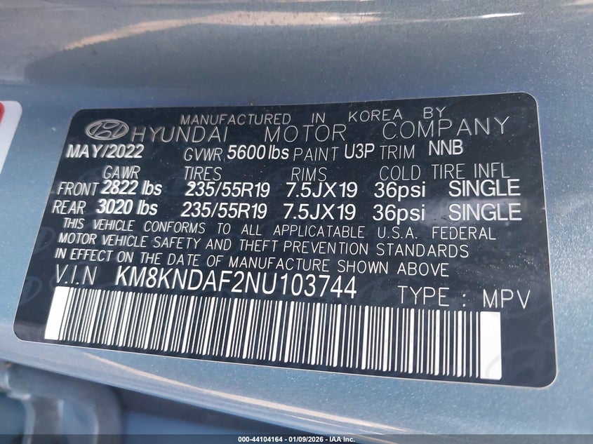 2022 Hyundai Ioniq 5 VIN KM8KNDAF2NU103744 IAAI salvage auction — FRONT & REAR, Salvage (New Jersey), sold $3,825 on 2026-07-06 (photo 9)