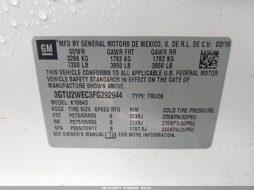 2015 Gmc Sierra 1500 VIN 3GTU2WEC3FG292944 IAAI salvage auction — FRONT END, Junk (Oklahoma), sold $1,350 on 2026-07-21 (photo 9)