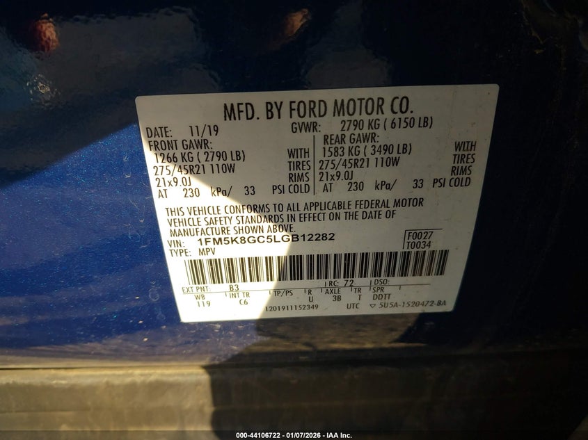 2020 Ford Explorer VIN 1FM5K8GC5LGB12282 IAAI salvage auction — REAR END, Salvage (California), sold $12,125 on 2026-07-29 (photo 9)