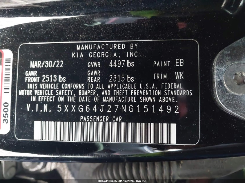 2022 Kia K5 VIN 5XXG64J27NG151492 IAAI salvage auction — FRONT END, Other, sold $5,375 on 2026-07-08 (photo 9)