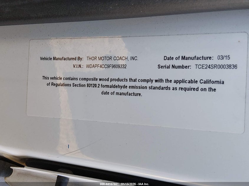 2015 Mercedes-benz Sprinter VIN WDAPF4CC9F9609332 IAAI salvage auction — Burn Interior, Certificate Of Destruction (Florida), sold $1,050 on 2026-07-29 (photo 9)