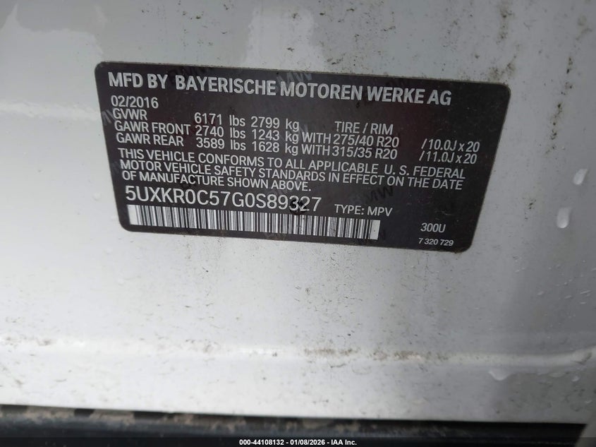2016 BMW X5 VIN 5UXKR0C57G0S89327 IAAI salvage auction — RIGHT FRONT, Salvage Title, sold $1,150 on 2026-07-21 (photo 9)