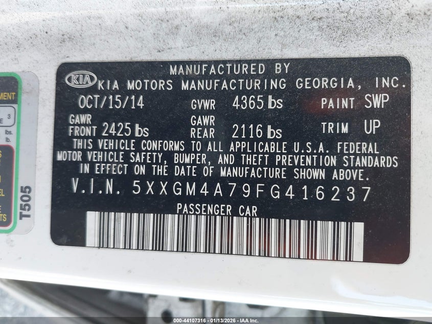 2015 Kia Optima VIN 5XXGM4A79FG416237 IAAI salvage auction — LEFT SIDE, Salvage Title, sold $675 on 2026-07-18 (photo 9)