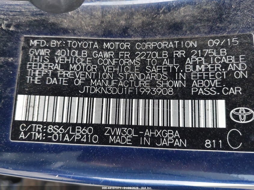 2015 Toyota Prius VIN JTDKN3DU1F1993908 IAAI salvage auction — RIGHT SIDE, Salvage (Mississippi), sold $975 on 2026-07-08 (photo 9)