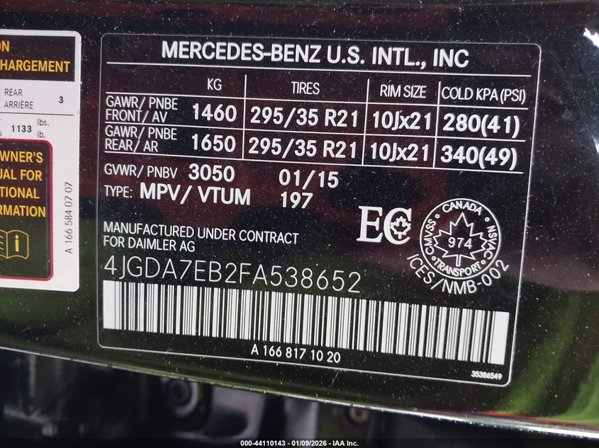 2015 Mercedes-benz Ml-class VIN 4JGDA7EB2FA538652 IAAI salvage auction — FRONT END, Salvage (Missouri), sold $12,100 on 2026-07-22 (photo 9)