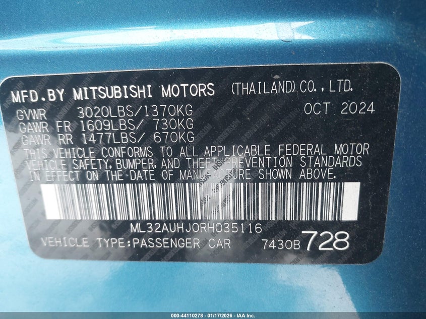 2024 Mitsubishi Mirage VIN ML32AUHJ0RH035116 IAAI salvage auction — RIGHT SIDE, Salvage Title, sold $3,350 on 2026-07-17 (photo 9)