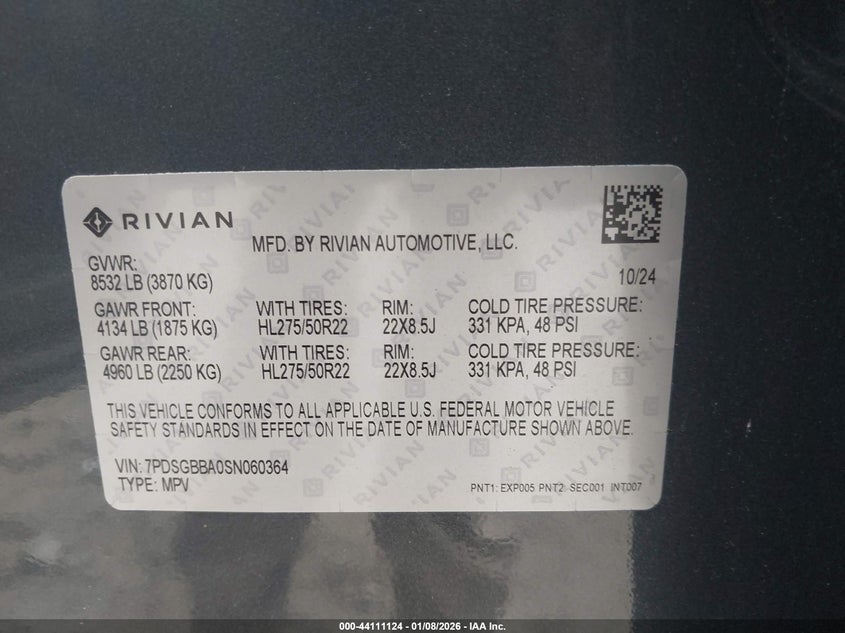 2025 Rivian R1s VIN 7PDSGBBA0SN060364 IAAI salvage auction — FRONT END, Salvage (Georgia), sold $19,600 on 2026-09-24 (photo 9)
