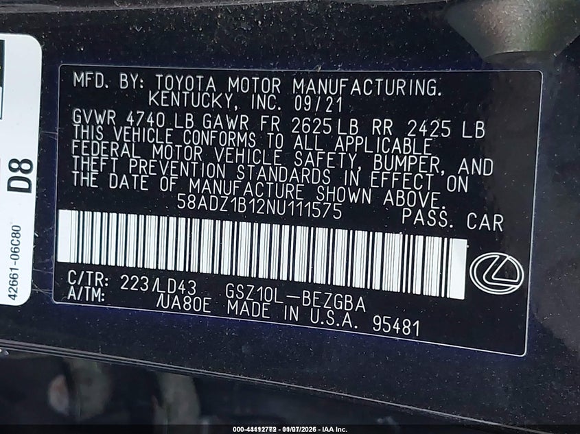 2022 Lexus Es 350 VIN 58ADZ1B12NU111575 IAAI salvage auction — FRONT & REAR, Other, sold $9,200 on 2026-08-24 (photo 9)