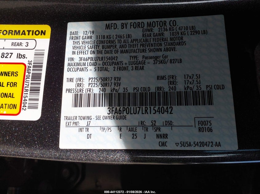 2020 Ford Fusion VIN 3FA6P0LU7LR154042 IAAI salvage auction — FRONT END, Salvage Title, sold $2,050 on 2026-07-22 (photo 9)