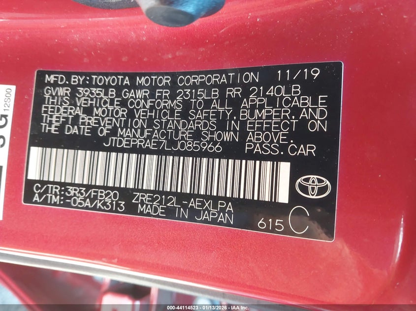 2020 Toyota Corolla VIN JTDEPRAE7LJ085966 IAAI salvage auction — FRONT END, Salvage - Greater Than 75% (Maryland), sold $2,900 on 2026-07-29 (photo 9)
