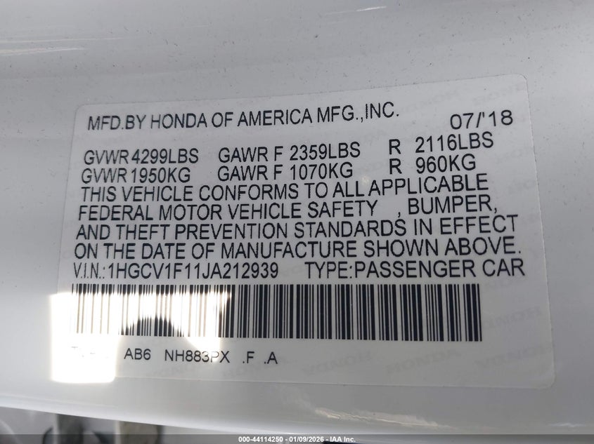 2018 Honda Accord VIN 1HGCV1F11JA212939 IAAI salvage auction — FRONT END, Salvage (New Jersey), sold $3,550 on 2026-07-20 (photo 9)