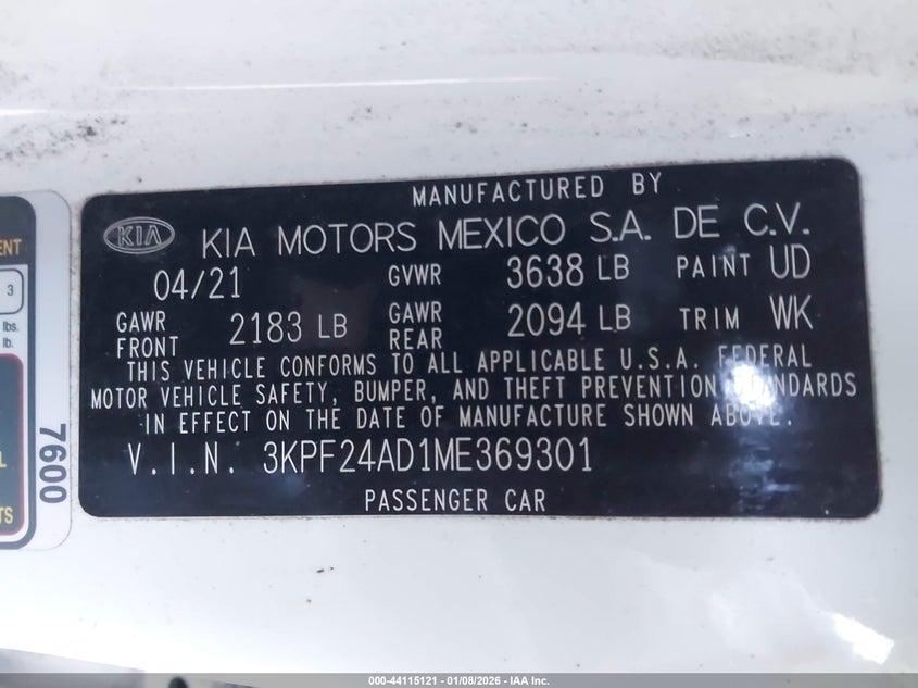 2021 Kia Forte VIN 3KPF24AD1ME369301 IAAI salvage auction — FRONT & REAR, Salvage Title, sold $2,150 on 2026-07-25 (photo 9)