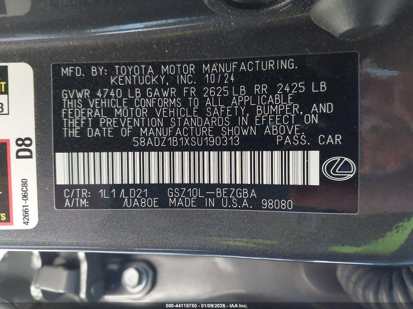 2025 Lexus Es 350 VIN 58ADZ1B1XSU190313 IAAI salvage auction — LEFT REAR, Salvage (California), sold $12,450 on 2026-07-08 (photo 9)