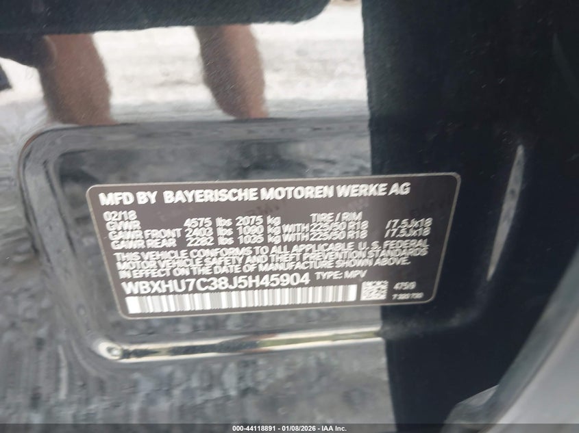 2018 BMW X1 VIN WBXHU7C38J5H45904 IAAI salvage auction — FRONT END, Salvage Title, sold $1,675 on 2026-07-30 (photo 9)
