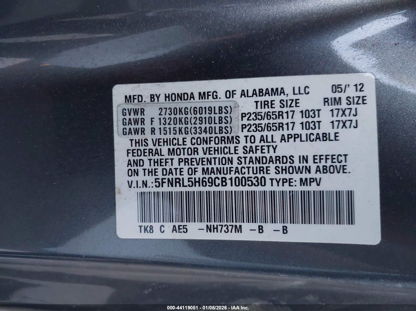 2012 Honda Odyssey VIN 5FNRL5H69CB100530 IAAI salvage auction — REAR END, Salvage Title, sold $3,200 on 2026-07-09 (photo 9)