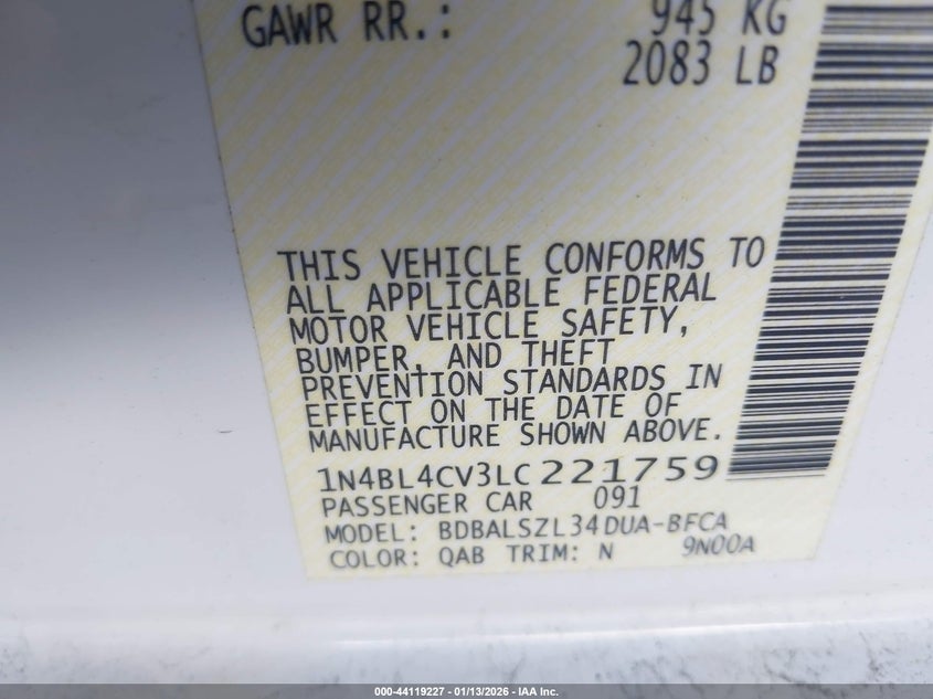 2020 Nissan Altima VIN 1N4BL4CV3LC221759 IAAI salvage auction — FRONT END, Salvage Title, sold $2,550 on 2026-07-09 (photo 9)